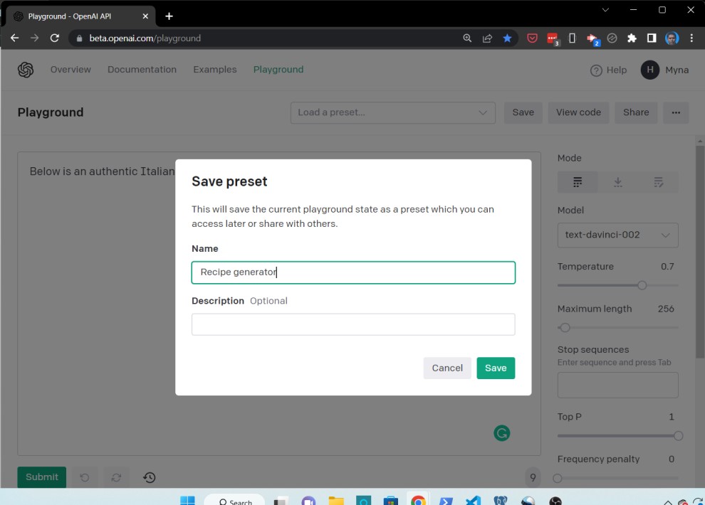 openai gpt-3 playground - save prompt